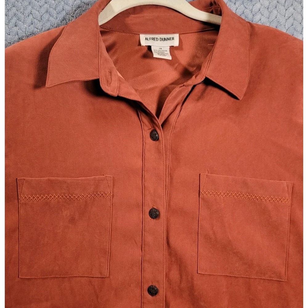 Alfred Dunner Terracotta Faux‎ Suede Button Down Shirt Embroidered Rust Size 14